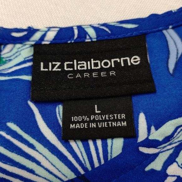 Liz Claiborne Top Blouse Women's Blue White Floral Print Flare Sleeve Sz Large - Picture 6 of 6